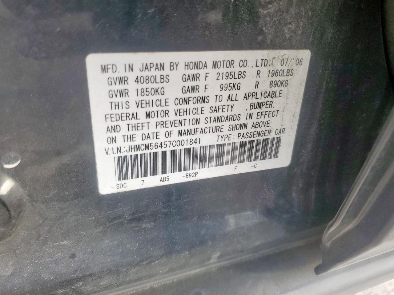 2007 Honda Accord Lx VIN: JHMCM56457C001841 Lot: 65523555
