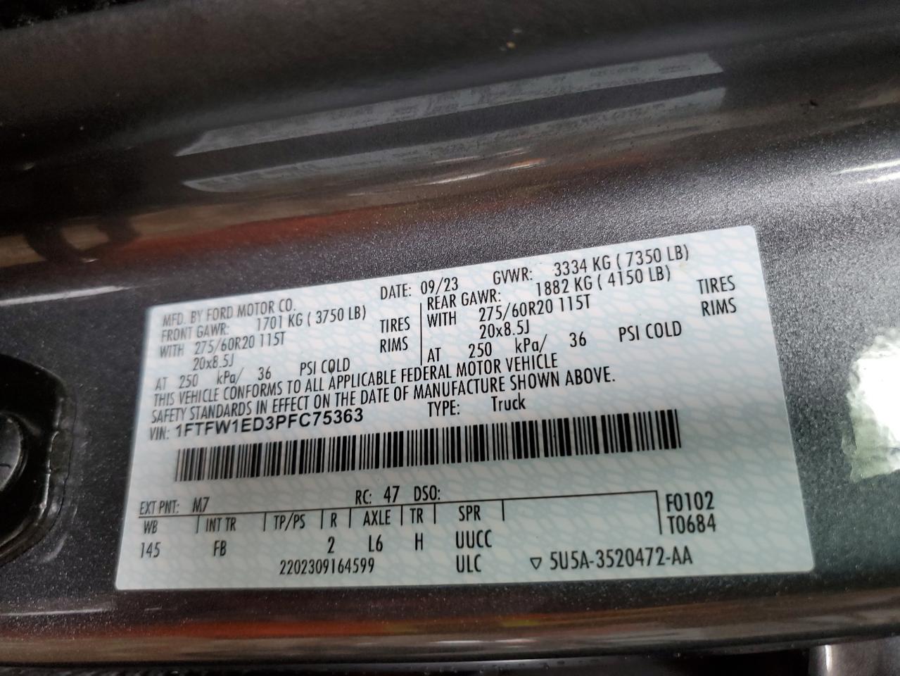 2023 Ford F150 Supercrew VIN: 1FTFW1ED3PFC75363 Lot: 63207875