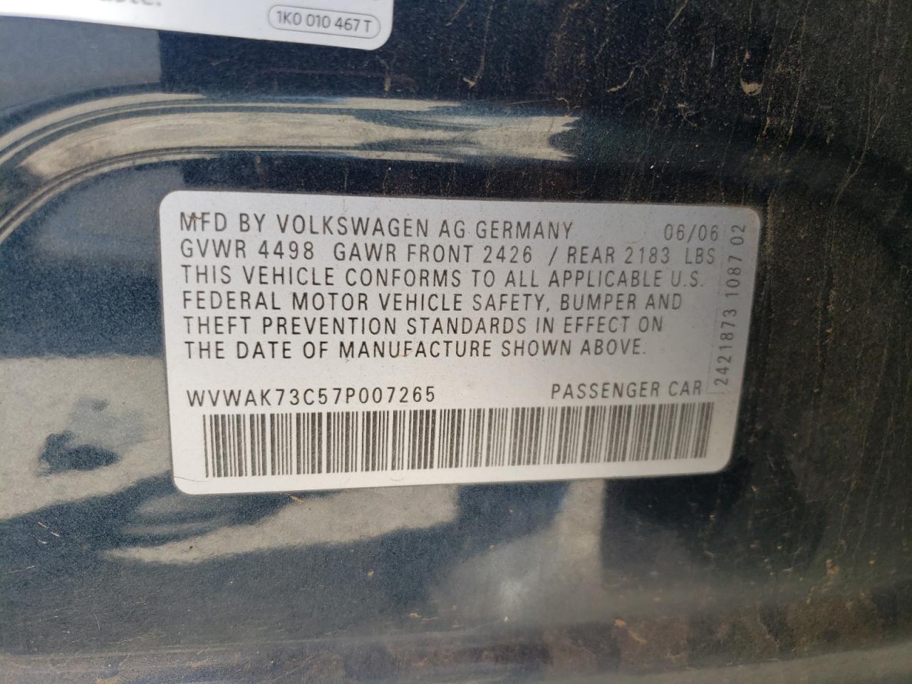 2007 Volkswagen Passat 2.0T VIN: WVWAK73C57P007265 Lot: 64480075
