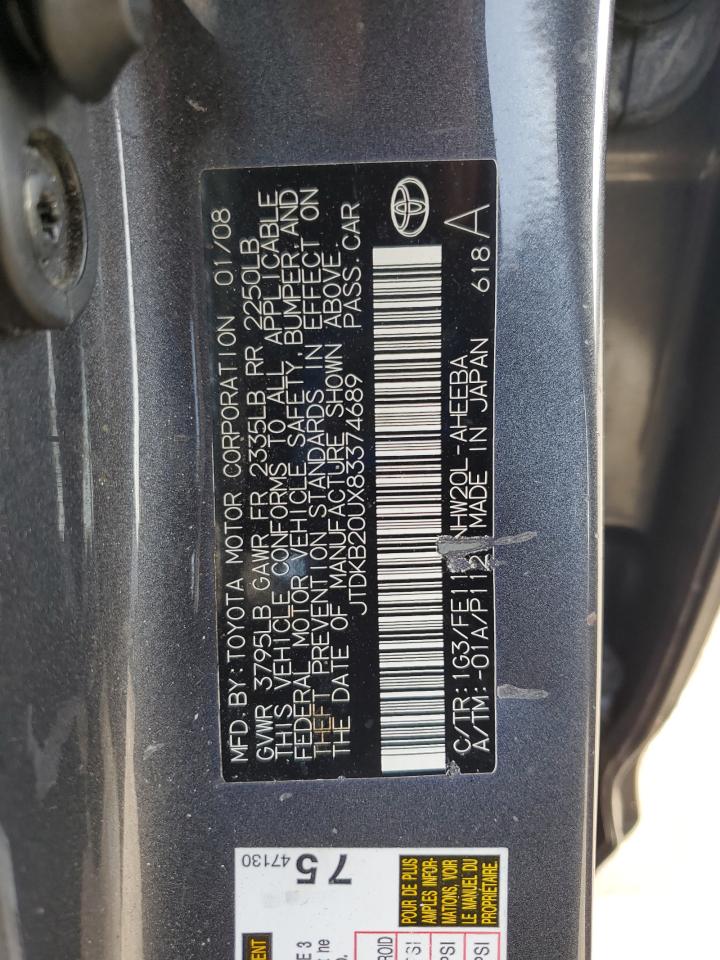 2008 Toyota Prius VIN: JTDKB20UX83374689 Lot: 65410145