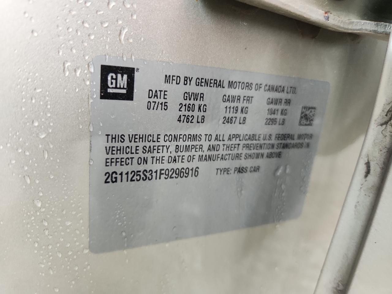 2015 Chevrolet Impala Lt VIN: 2G1125S31F9296916 Lot: 64744325