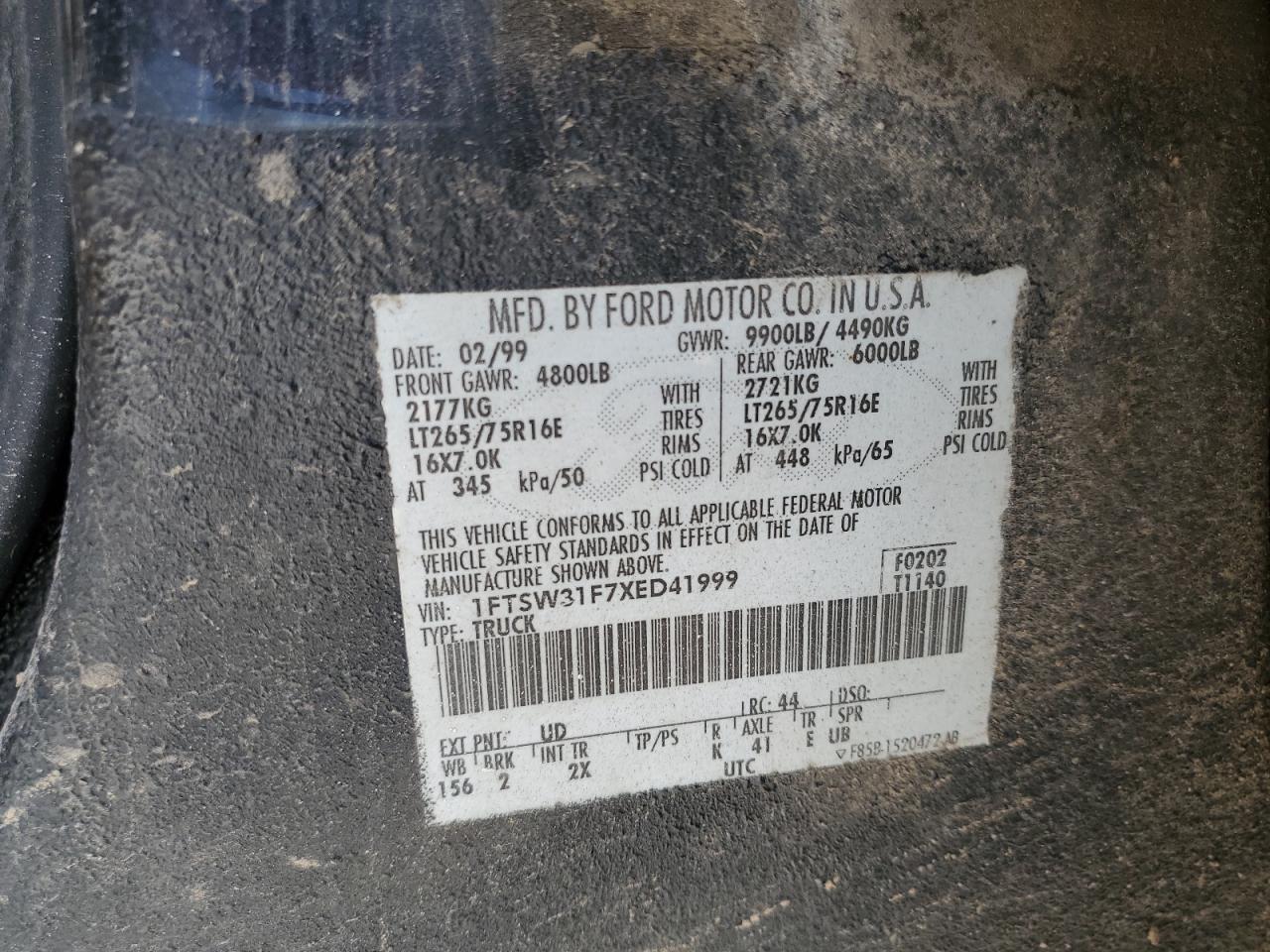 1999 Ford F350 Srw Super Duty VIN: 1FTSW31F7XED41999 Lot: 64244505
