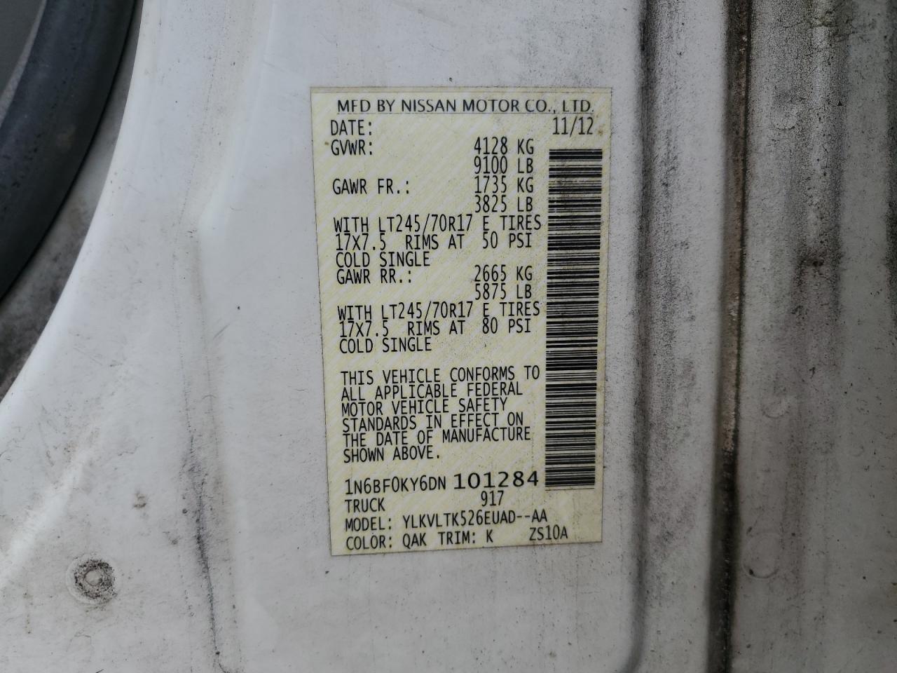 2013 Nissan Nv 1500 VIN: 1N6BF0KY6DN101284 Lot: 62931975