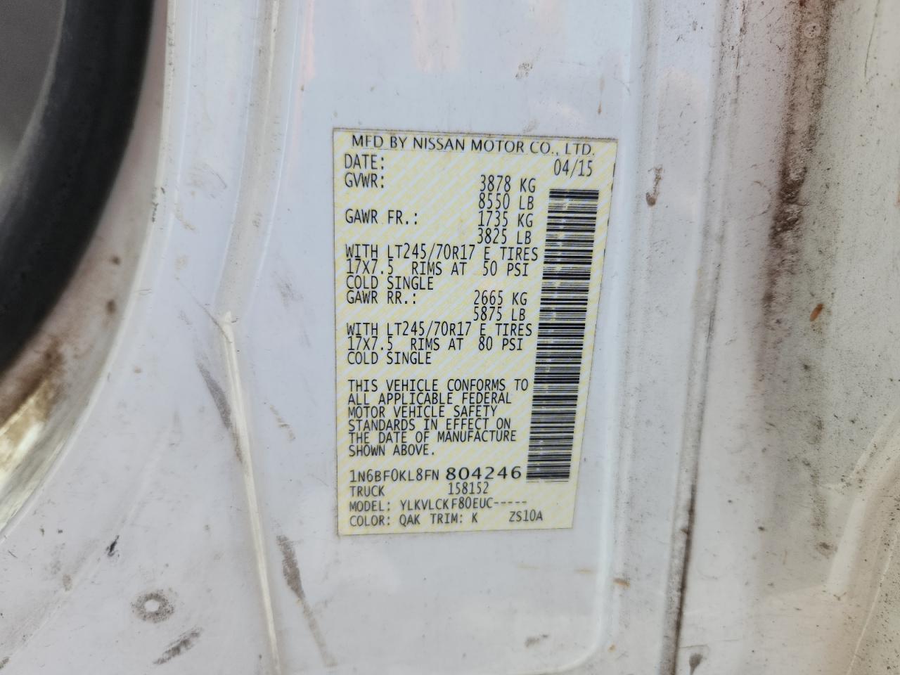 2015 Nissan Nv 1500 VIN: 1N6BF0KL8FN804246 Lot: 64359015