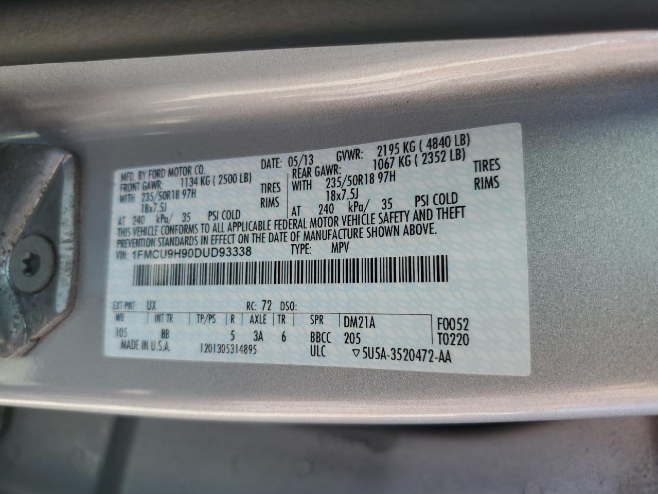 2013 Ford Escape Sel VIN: 1FMCU9H90DUD93338 Lot: 64564925