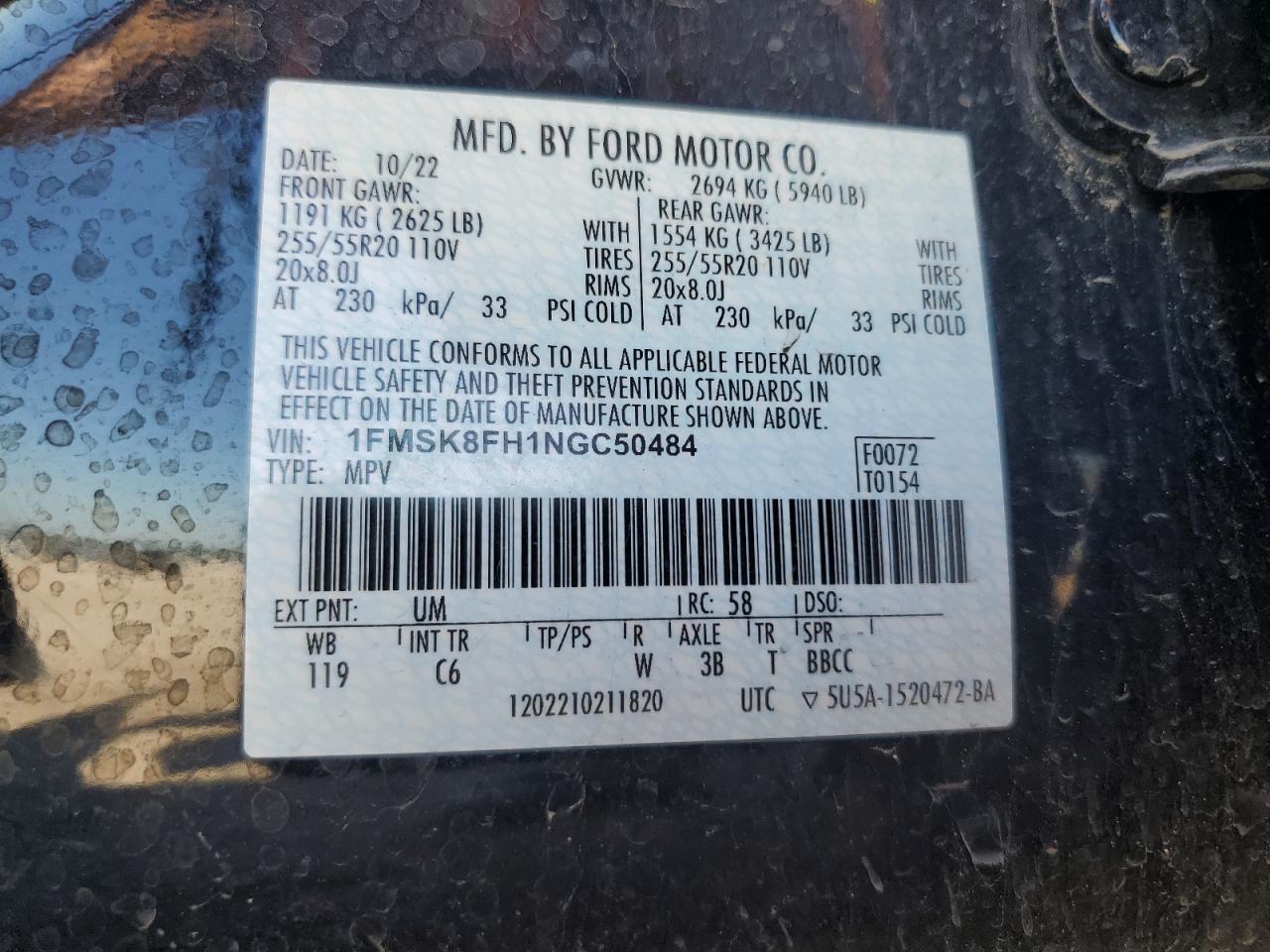 2022 Ford Explorer Limited VIN: 1FMSK8FH1NGC50484 Lot: 63031845