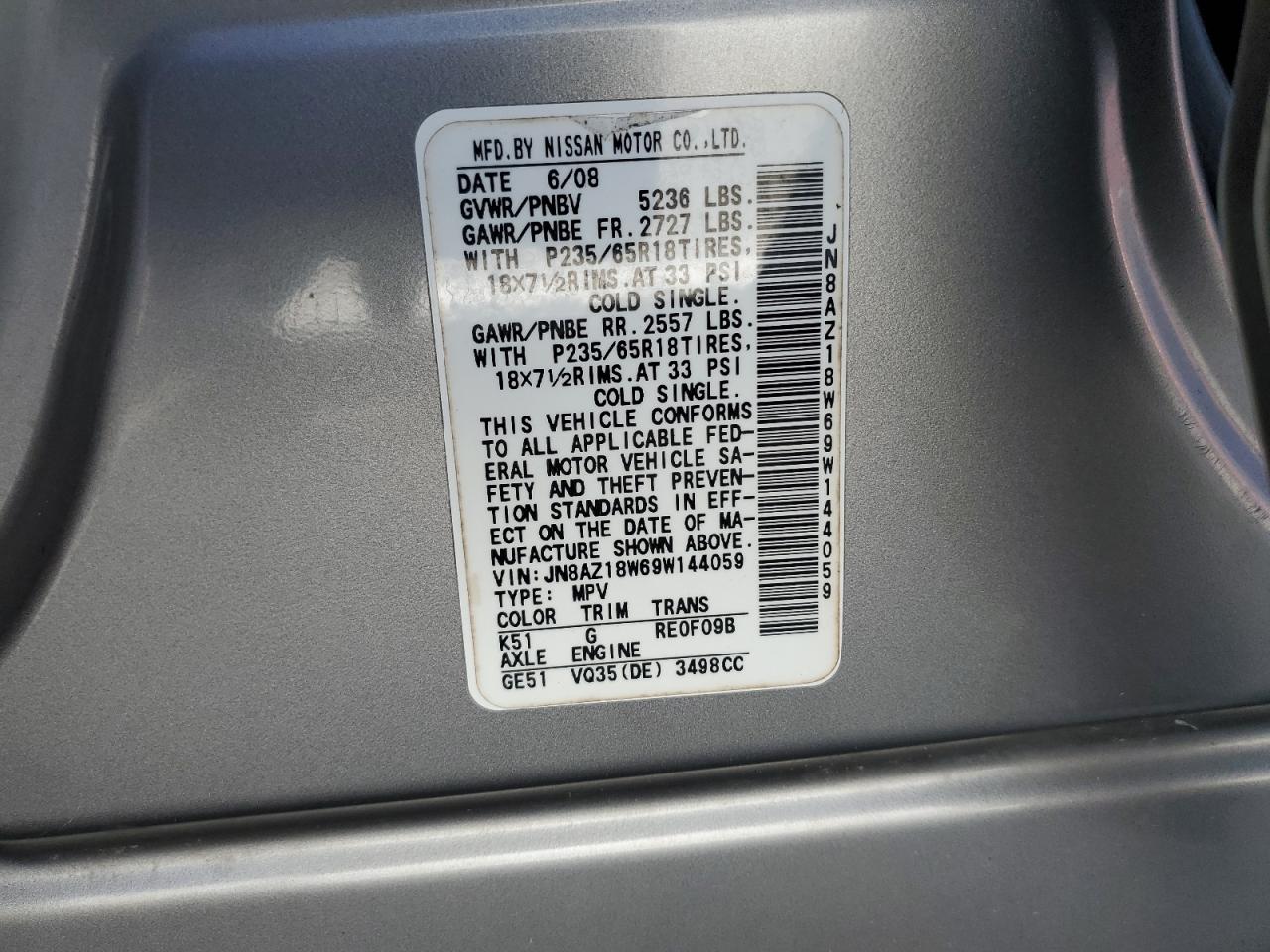 2009 Nissan Murano S VIN: JN8AZ18W69W144059 Lot: 63106505