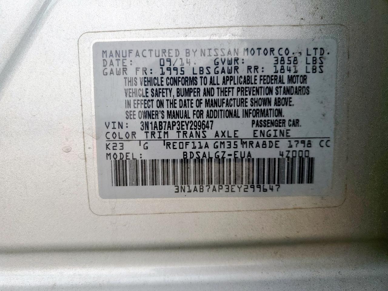 2014 Nissan Sentra S VIN: 3N1AB7AP3EY299647 Lot: 65279275