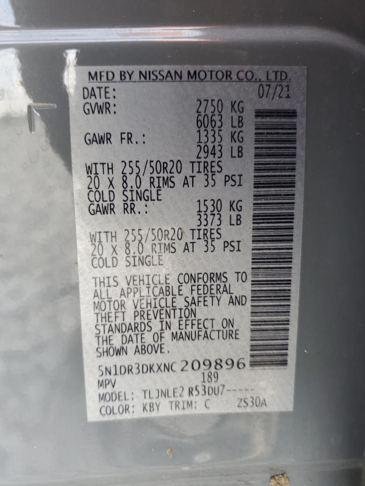 2022 Nissan Pathfinder Platinum VIN: 5N1DR3DKXNC209896 Lot: 64689175