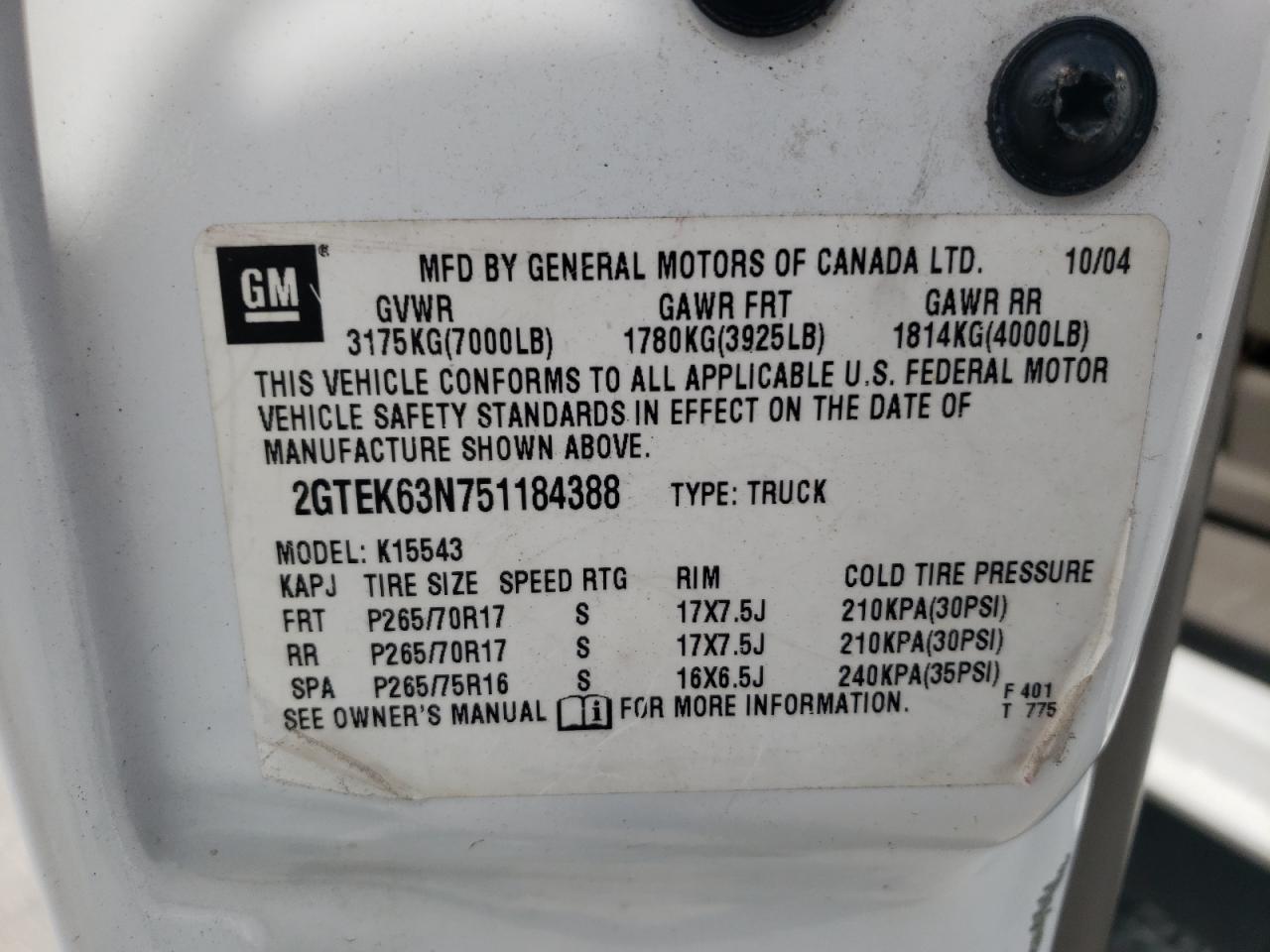 2005 GMC Sierra K1500 Denali VIN: 2GTEK63N751184388 Lot: 65158035