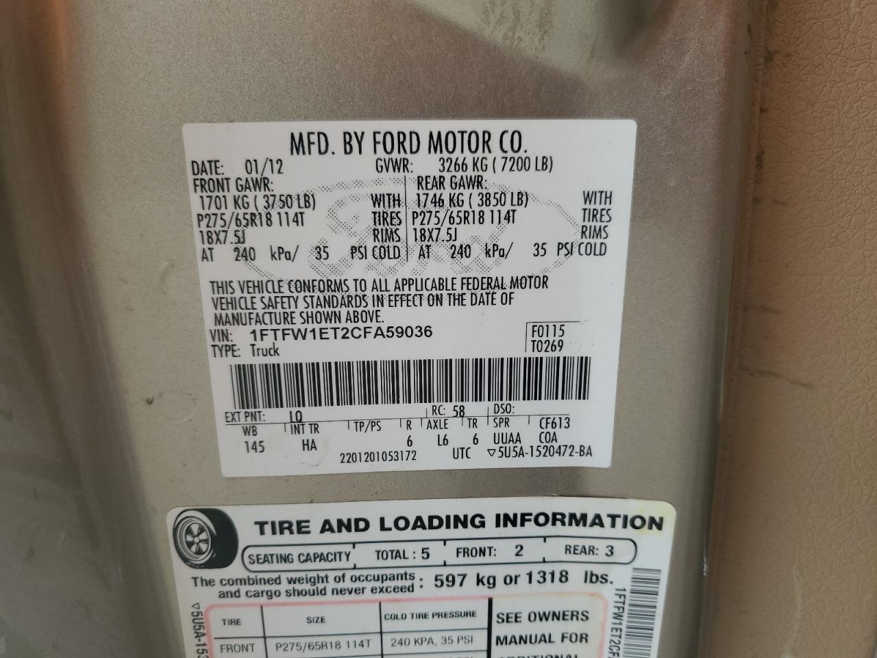 2012 Ford F150 Supercrew VIN: 1FTFW1ET2CFA59036 Lot: 64071515