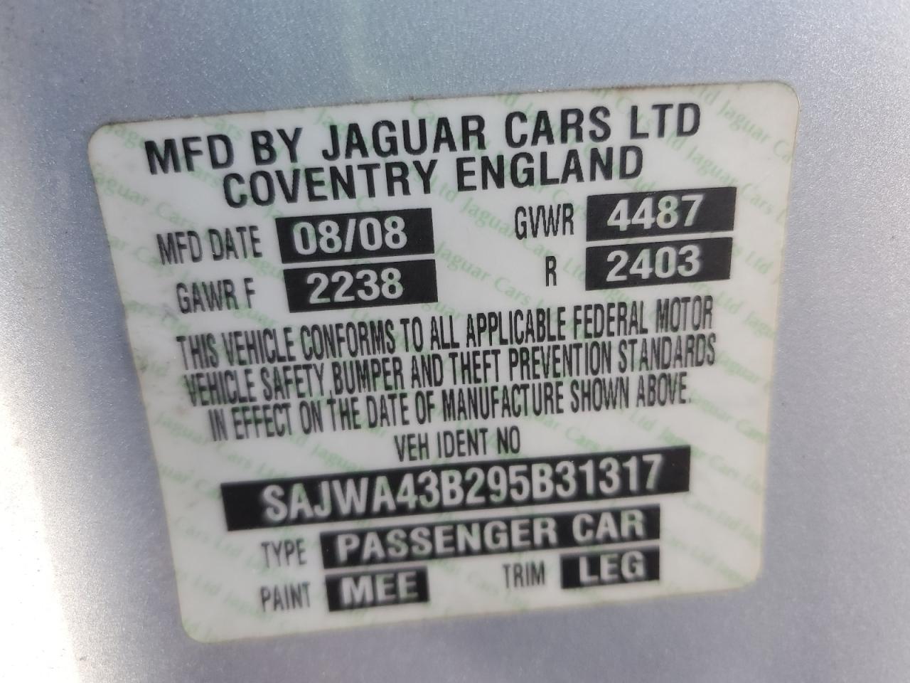 2009 Jaguar Xk VIN: SAJWA43B295B31317 Lot: 62544555