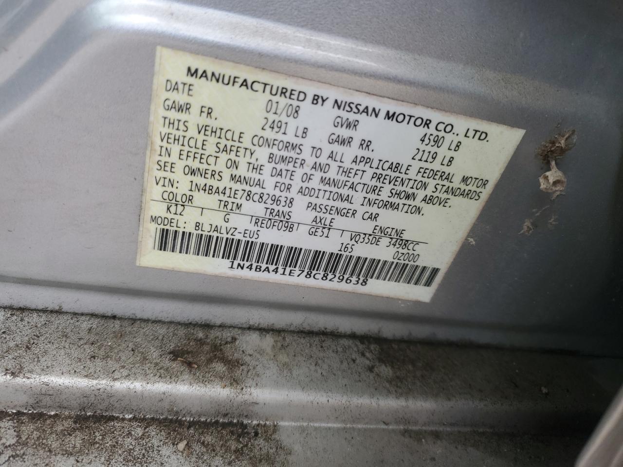 2008 Nissan Maxima Se VIN: 1N4BA41E78C829638 Lot: 65524515