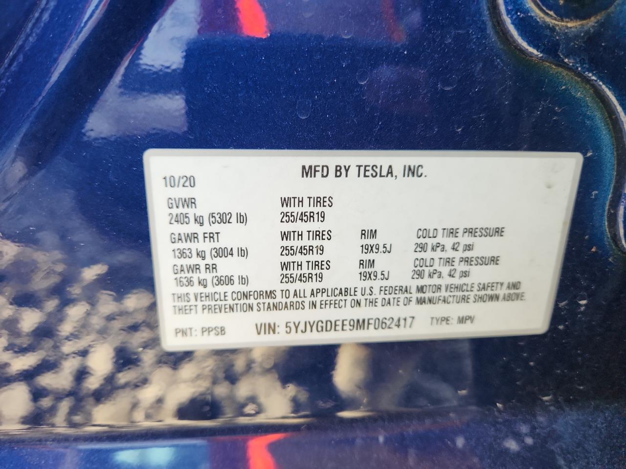 2021 Tesla Model Y VIN: 5YJYGDEE9MF062417 Lot: 65015785