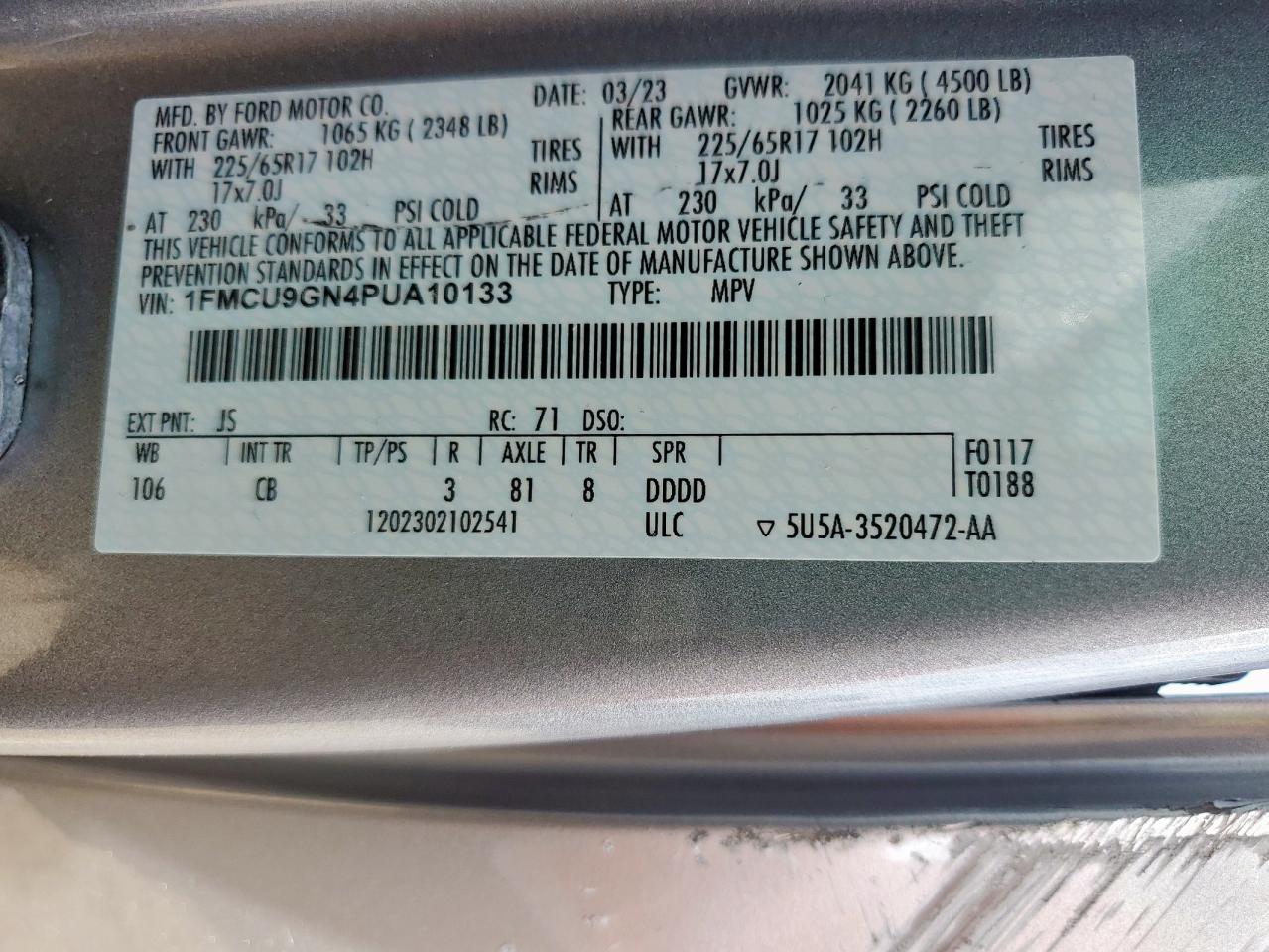 2023 Ford Escape Active VIN: 1FMCU9GN4PUA10133 Lot: 65190135