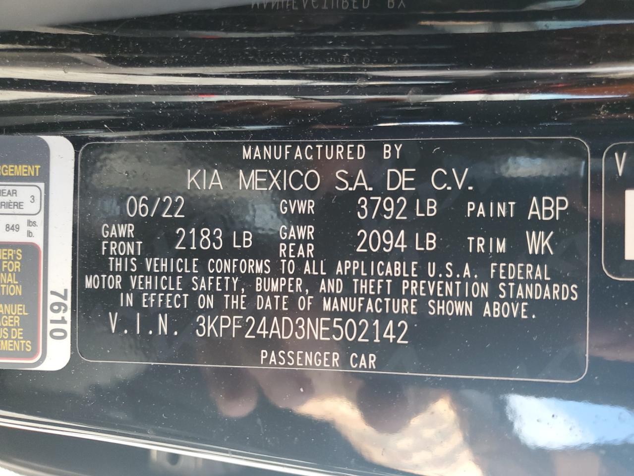 2022 Kia Forte Fe VIN: 3KPF24AD3NE502142 Lot: 65028115