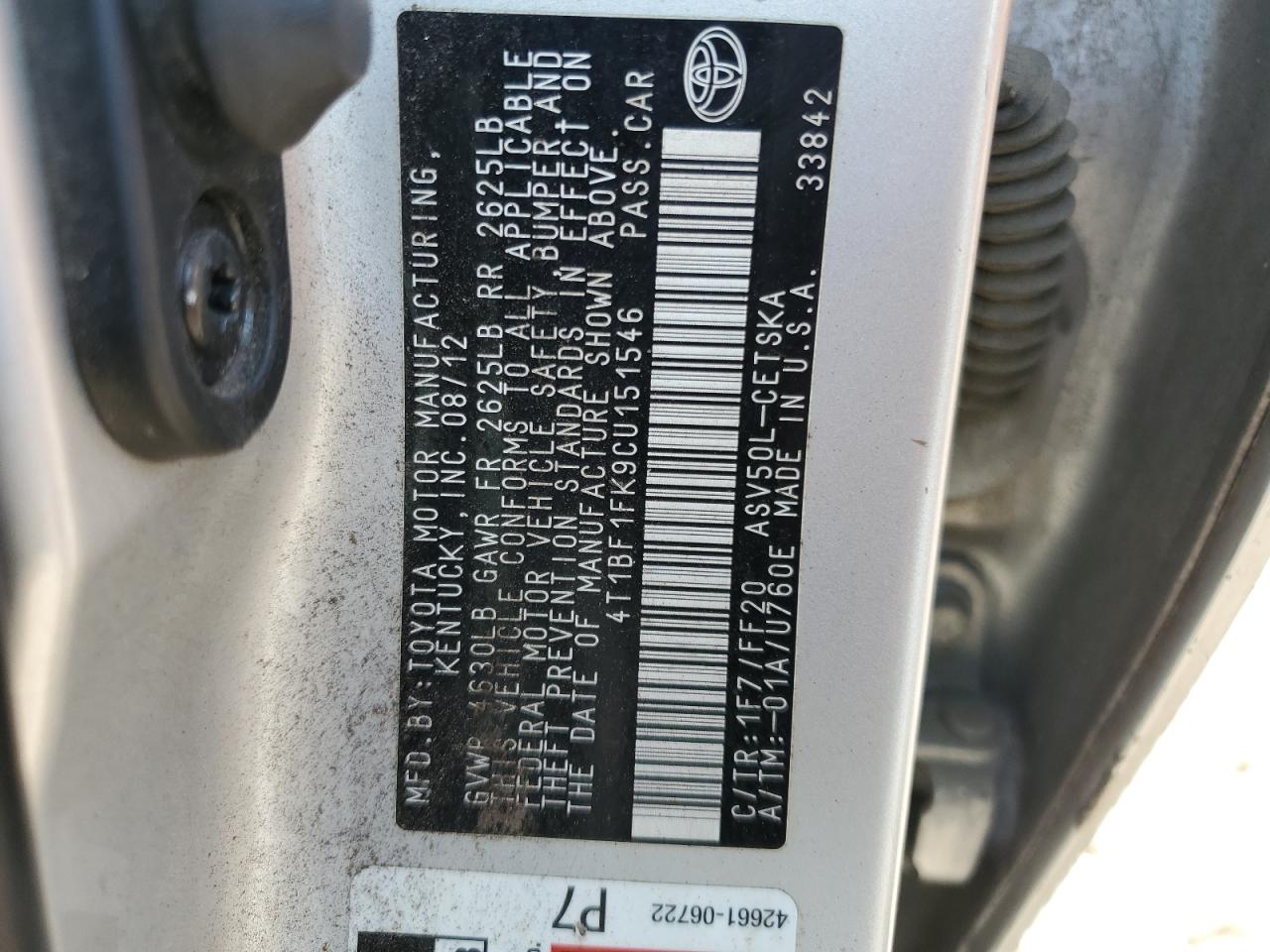 2012 Toyota Camry Base VIN: 4T1BF1FK9CU151546 Lot: 64761875