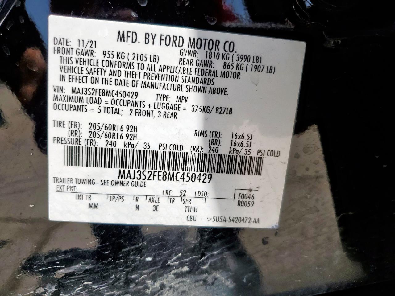 2021 Ford Ecosport S VIN: MAJ3S2FE8MC450429 Lot: 64024895