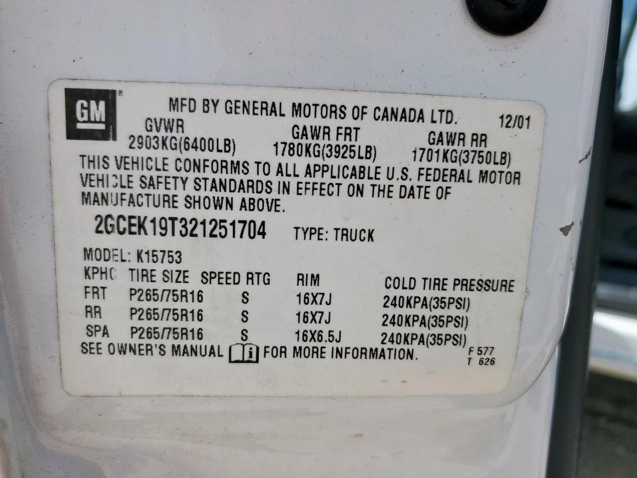 2002 Chevrolet Silverado K1500 VIN: 2GCEK19T321251704 Lot: 64821455