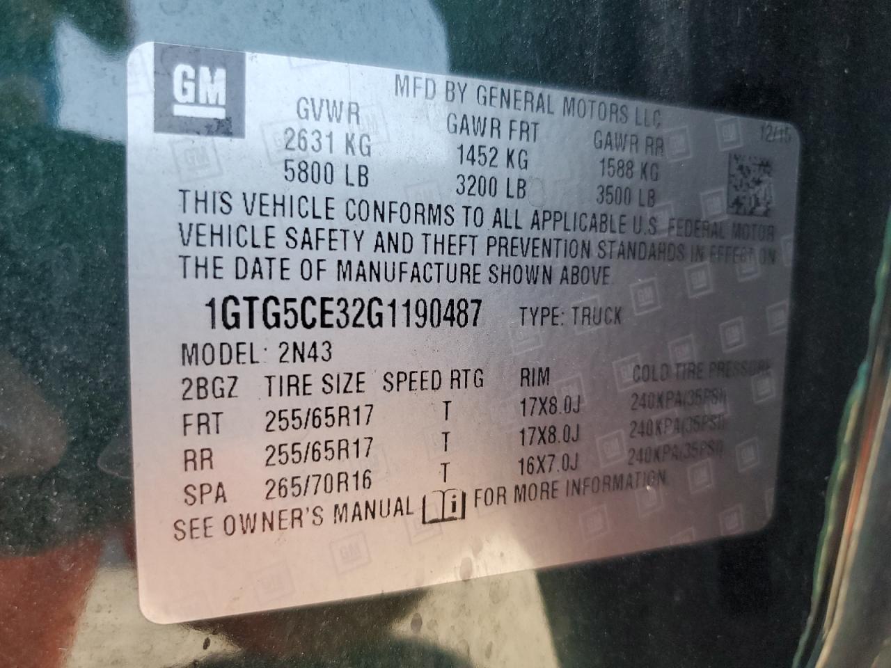 2016 GMC Canyon Sle VIN: 1GTG5CE32G1190487 Lot: 63228805