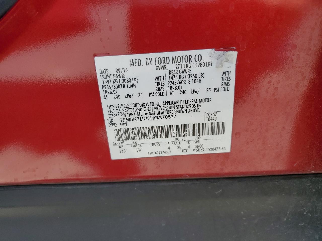 2017 Ford Explorer Xlt VIN: 1FM5K7DH8HGA70577 Lot: 65468205