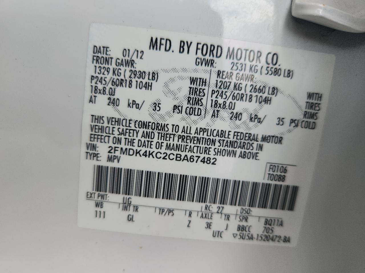 2012 Ford Edge Limited VIN: 2FMDK4KC2CBA67482 Lot: 64782605