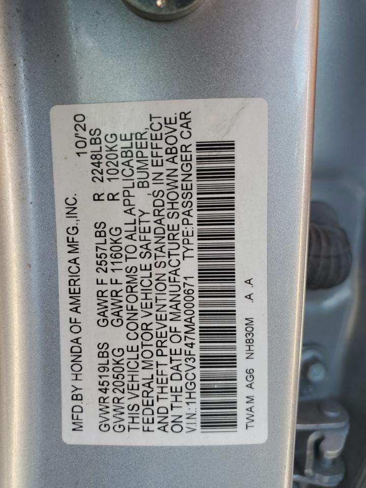 2021 Honda Accord Hybrid Ex VIN: 1HGCV3F47MA000671 Lot: 65389735