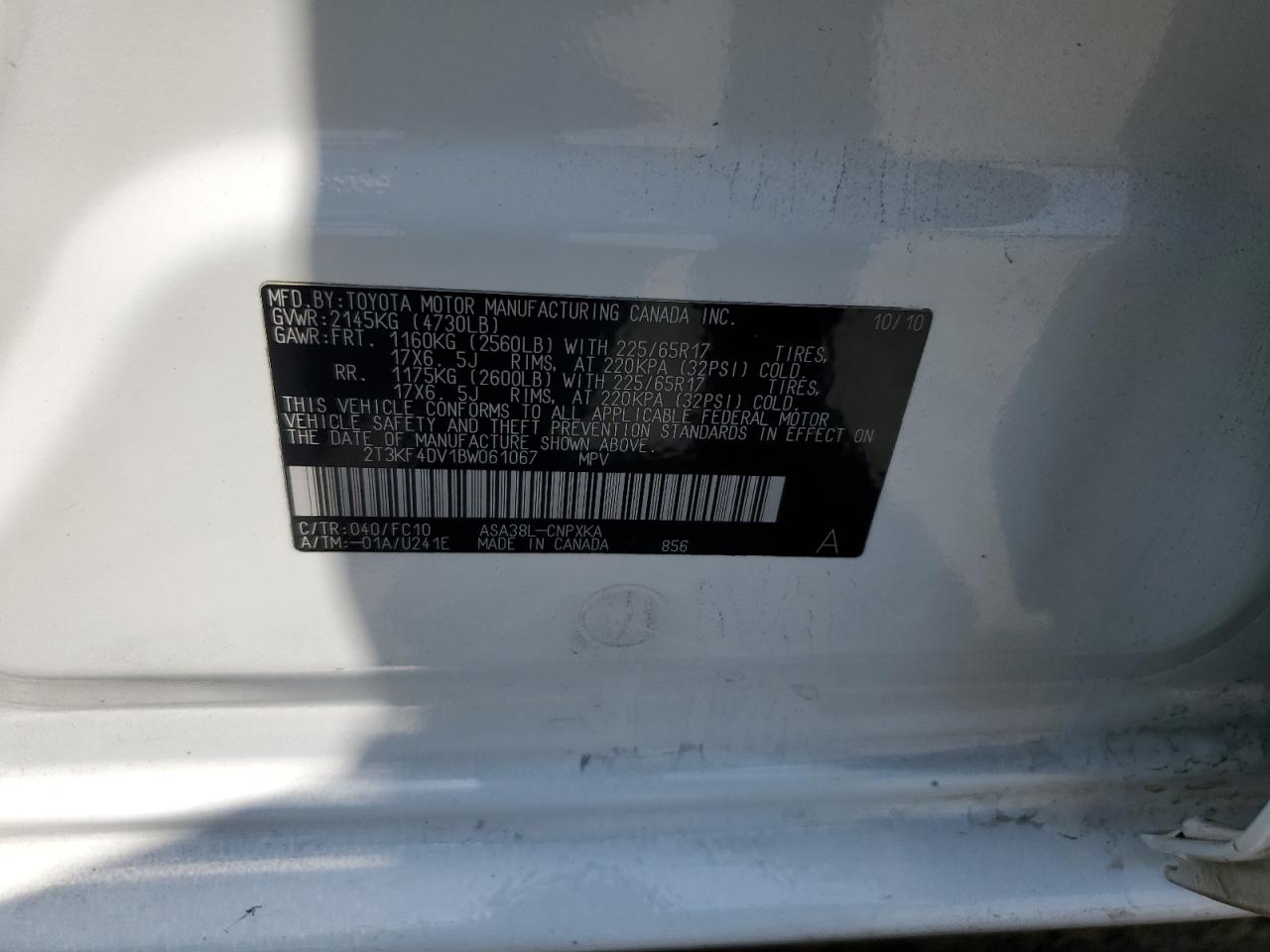 2011 Toyota Rav4 VIN: 2T3KF4DV1BW061067 Lot: 65235955