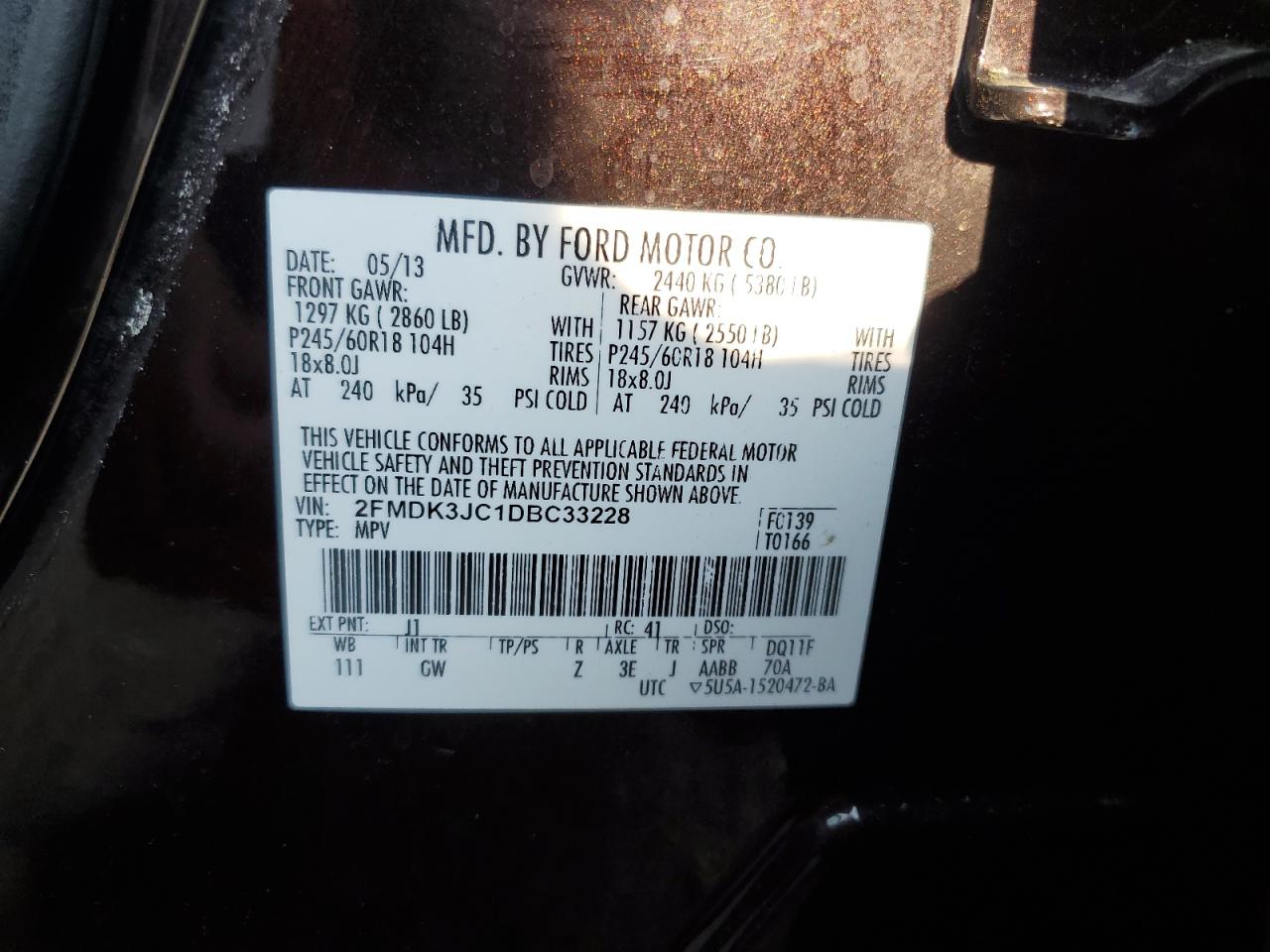 2013 Ford Edge Sel VIN: 2FMDK3JC1DBC33228 Lot: 64879035