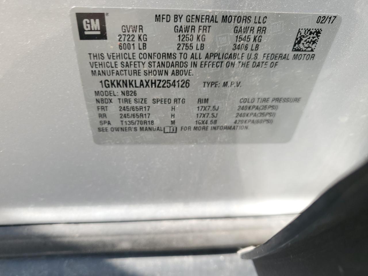 2017 GMC Acadia Sle VIN: 1GKKNKLAXHZ254126 Lot: 64280075