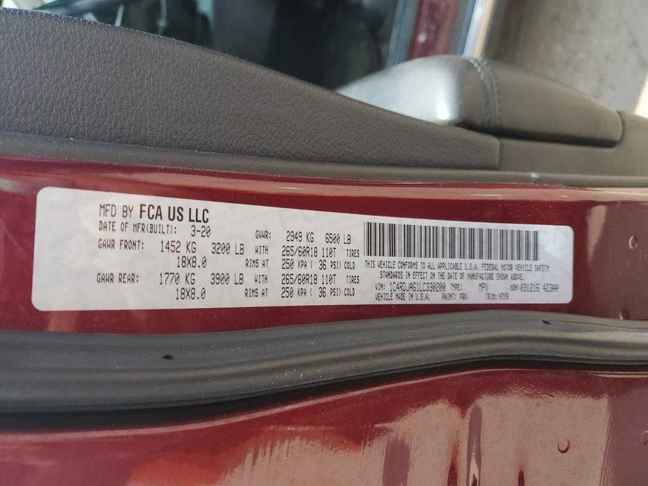 2020 Dodge Durango Sxt VIN: 1C4RDJAG1LC330200 Lot: 64423825