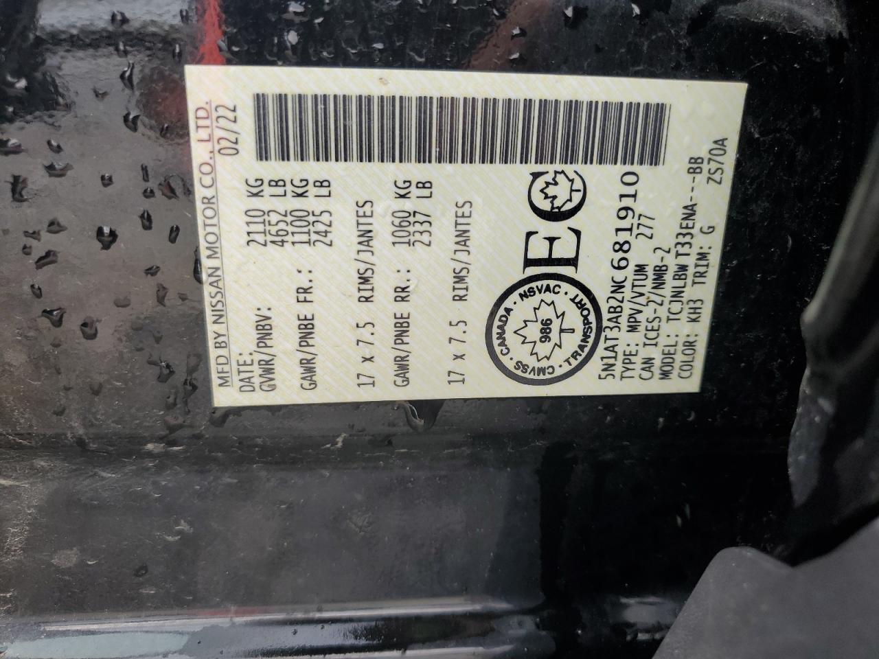 2022 Nissan Rogue S VIN: 5N1AT3AB2NC681910 Lot: 64965565