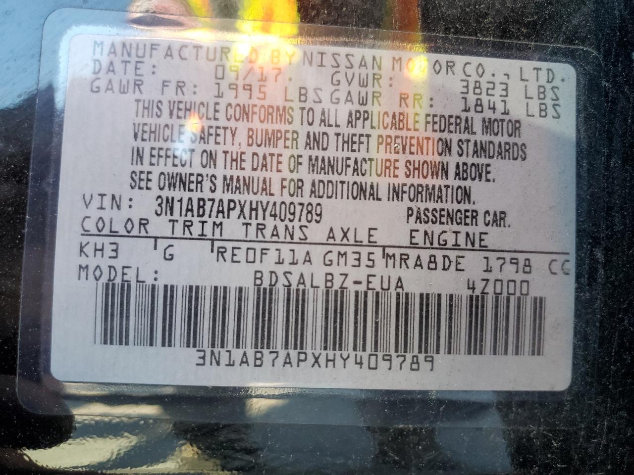 2017 Nissan Sentra S VIN: 3N1AB7APXHY409789 Lot: 63263835