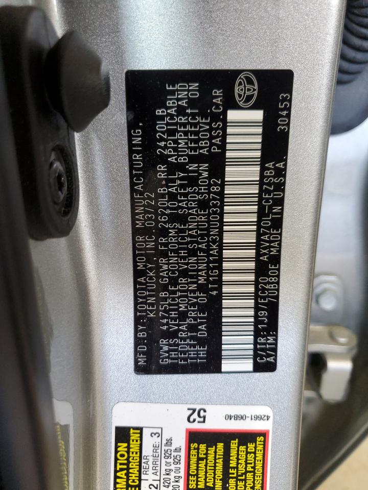 2022 Toyota Camry Se VIN: 4T1G11AK3NU033782 Lot: 64362885