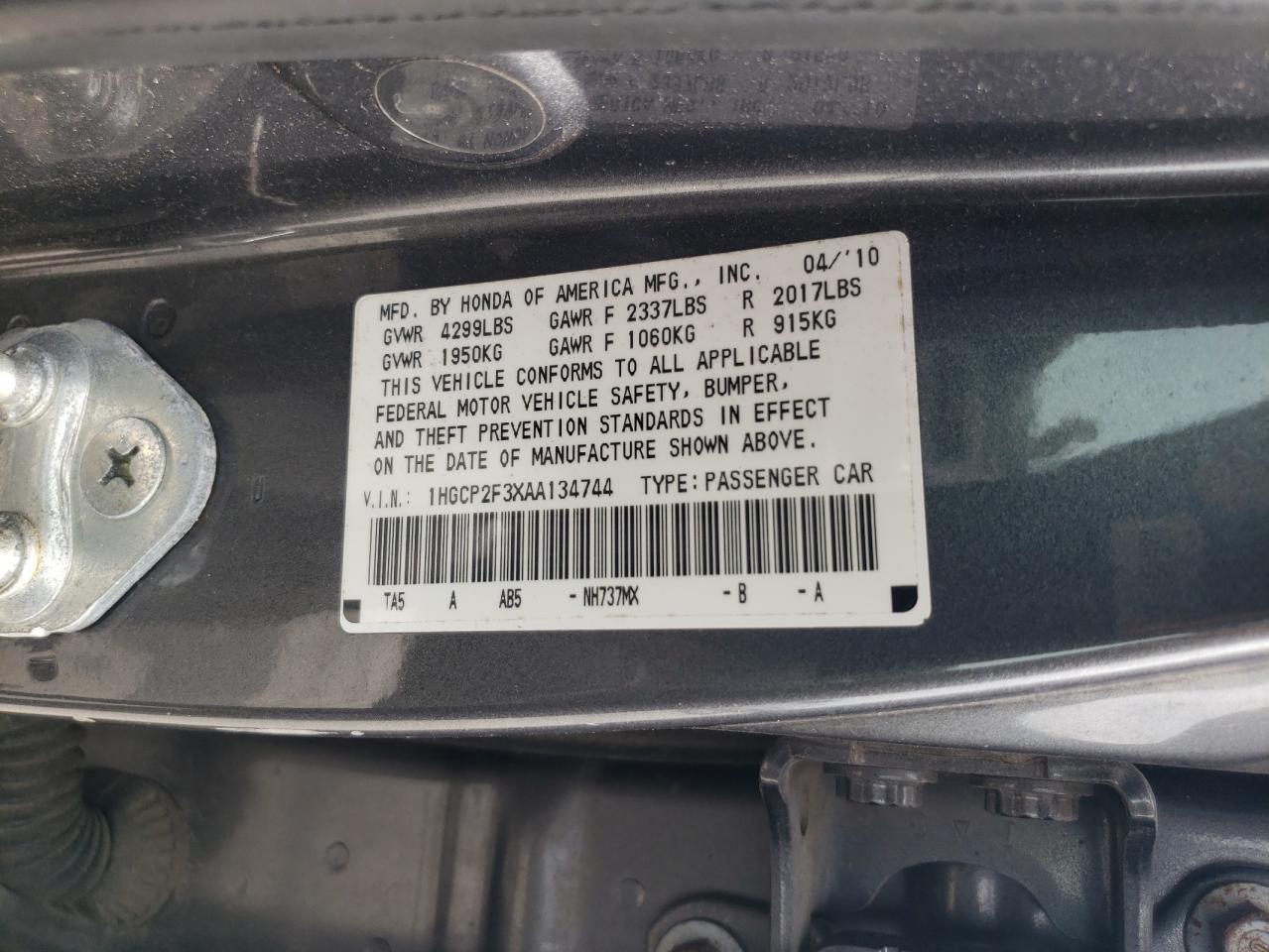2010 Honda Accord Lx VIN: 1HGCP2F3XAA134744 Lot: 64573685