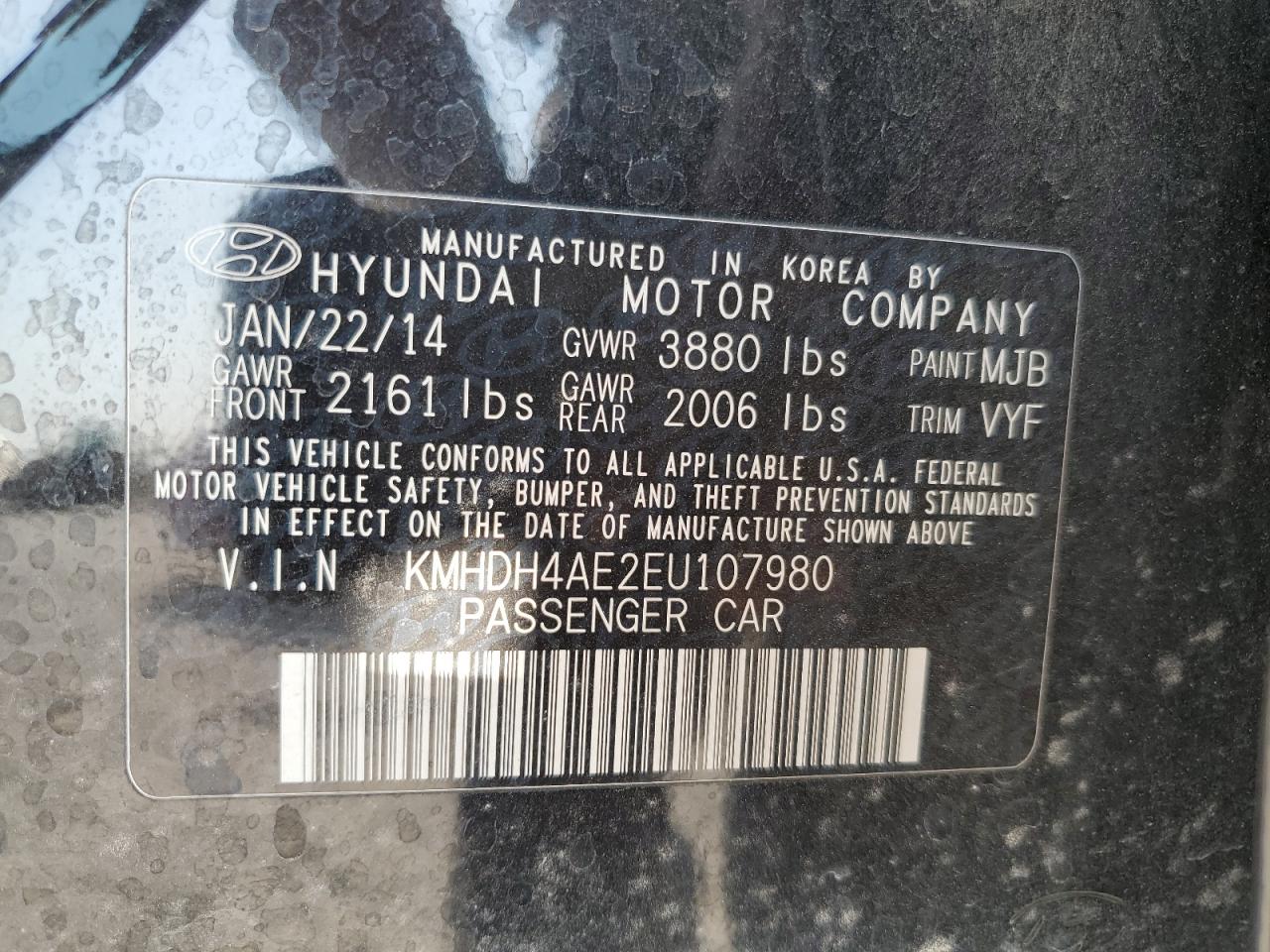 2014 Hyundai Elantra Se VIN: KMHDH4AE2EU107980 Lot: 65089485