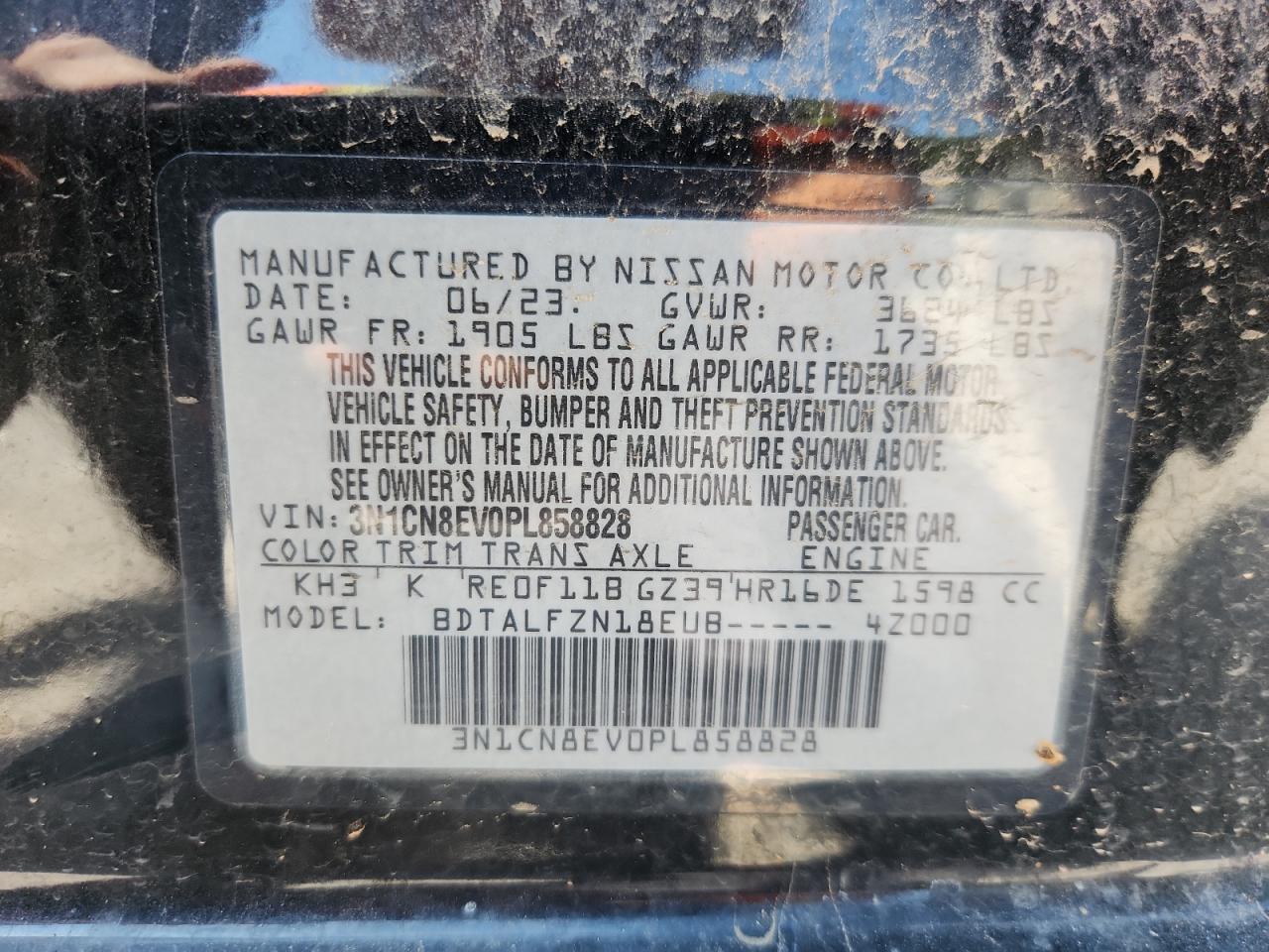 2023 Nissan Versa Sv VIN: 3N1CN8EV0PL858828 Lot: 64098925
