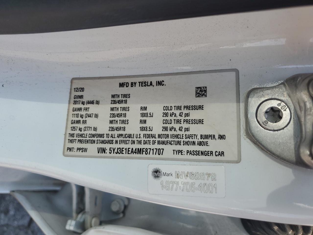 2021 Tesla Model 3 VIN: 5YJ3E1EA4MF871707 Lot: 65264185