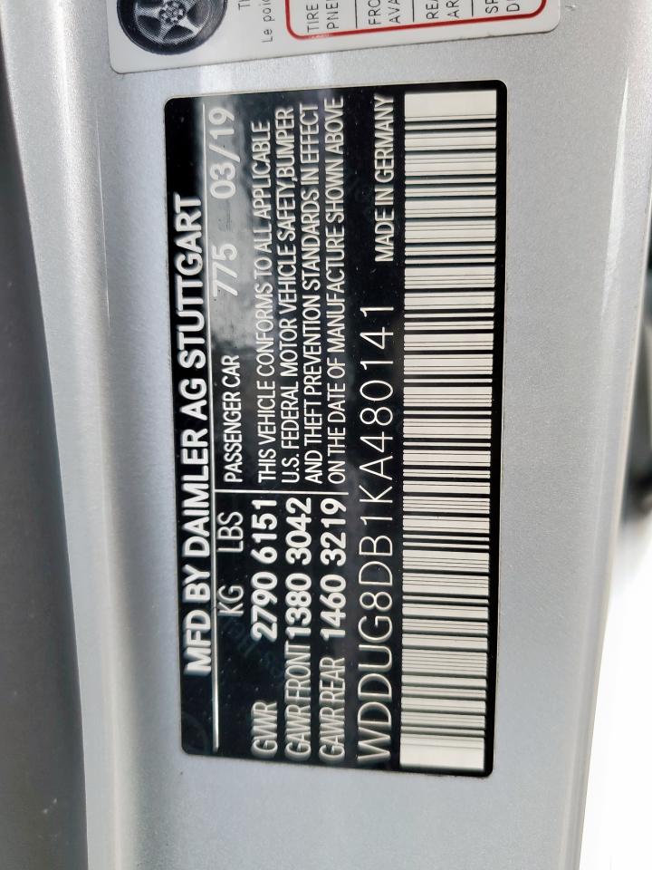 2019 Mercedes-Benz S 560 VIN: WDDUG8DB1KA480141 Lot: 63861595