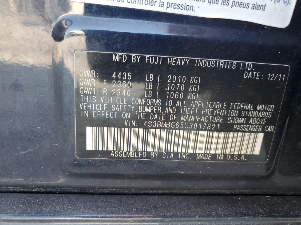 2012 Subaru Legacy 2.5I Premium VIN: 4S3BMBG65C3017821 Lot: 62925905