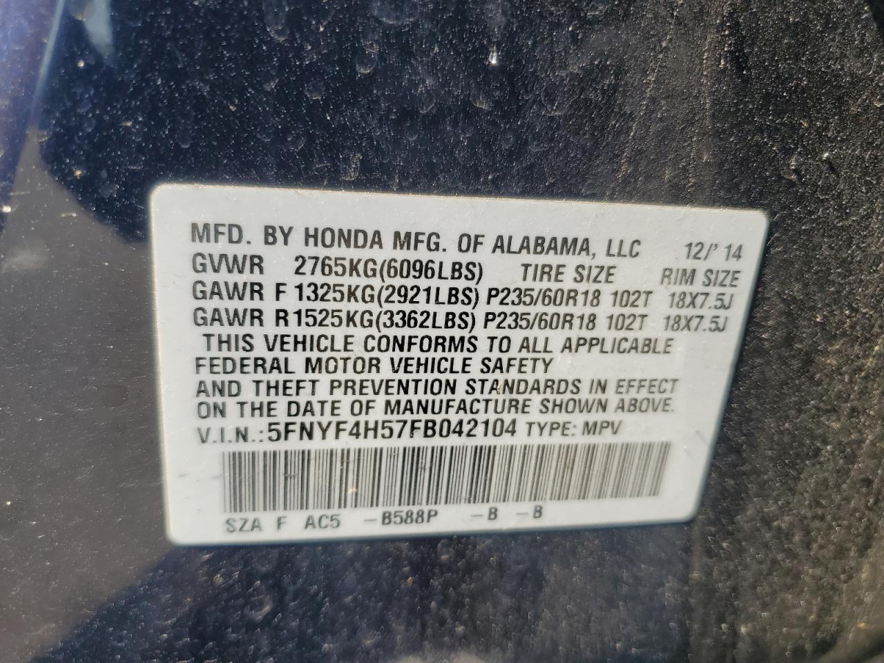 2015 Honda Pilot Exl VIN: 5FNYF4H57FB042104 Lot: 63086455