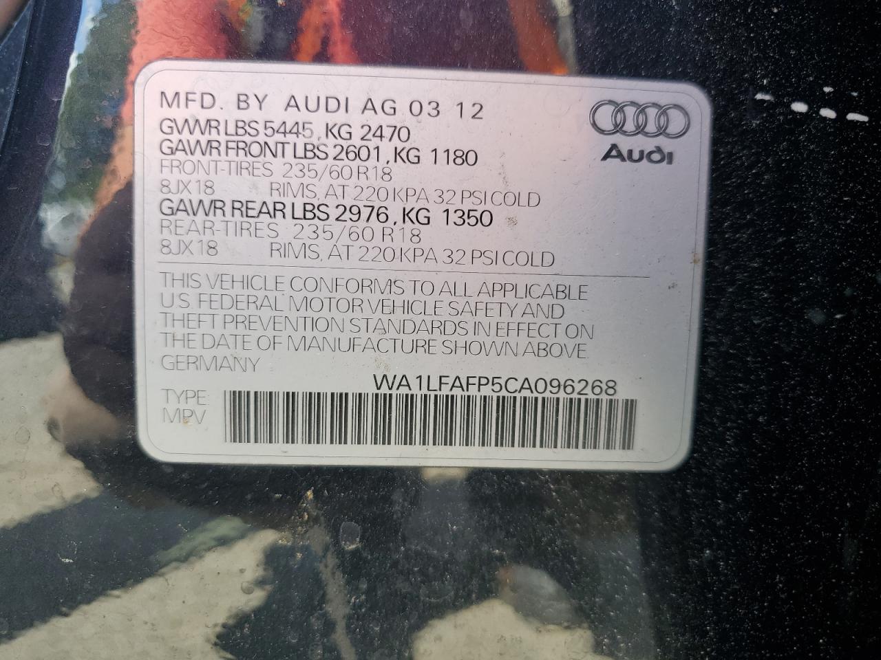 2012 Audi Q5 Premium Plus VIN: WA1LFAFP5CA096268 Lot: 64002975