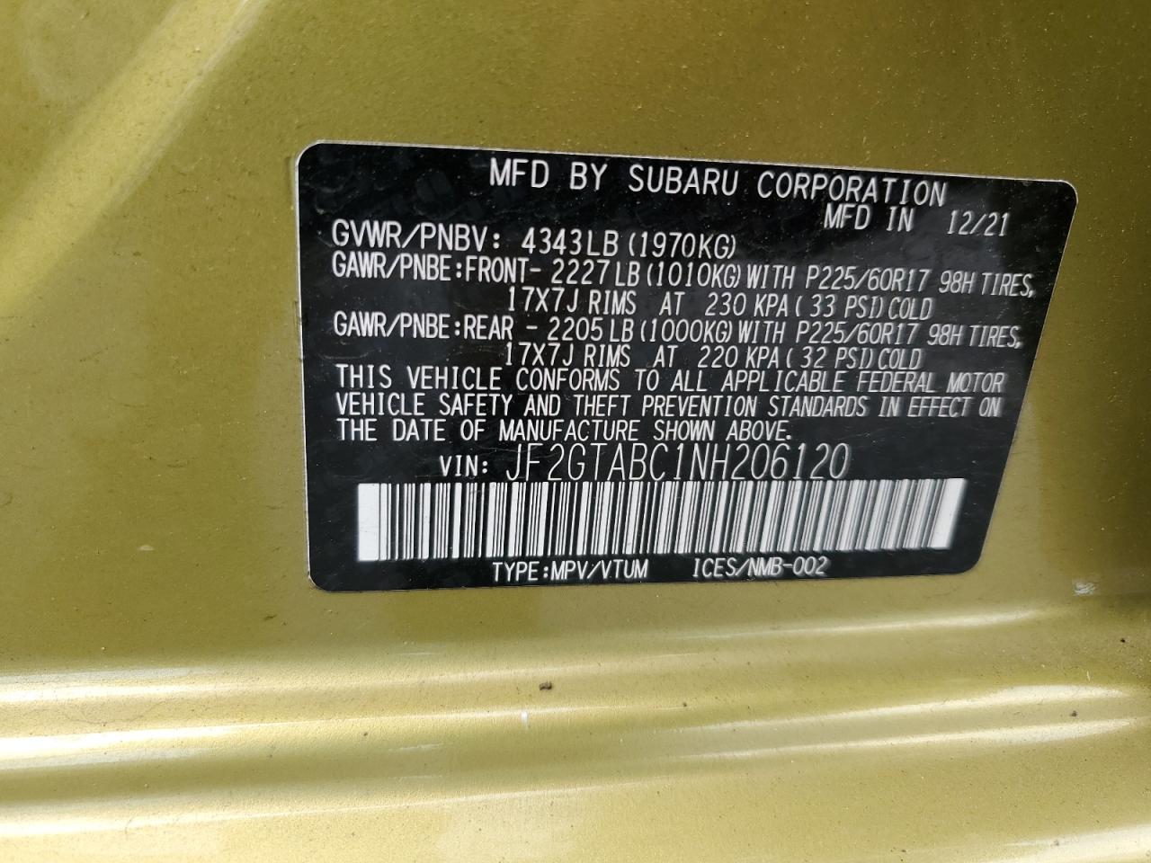 2022 Subaru Crosstrek VIN: JF2GTABC1NH206120 Lot: 63638295