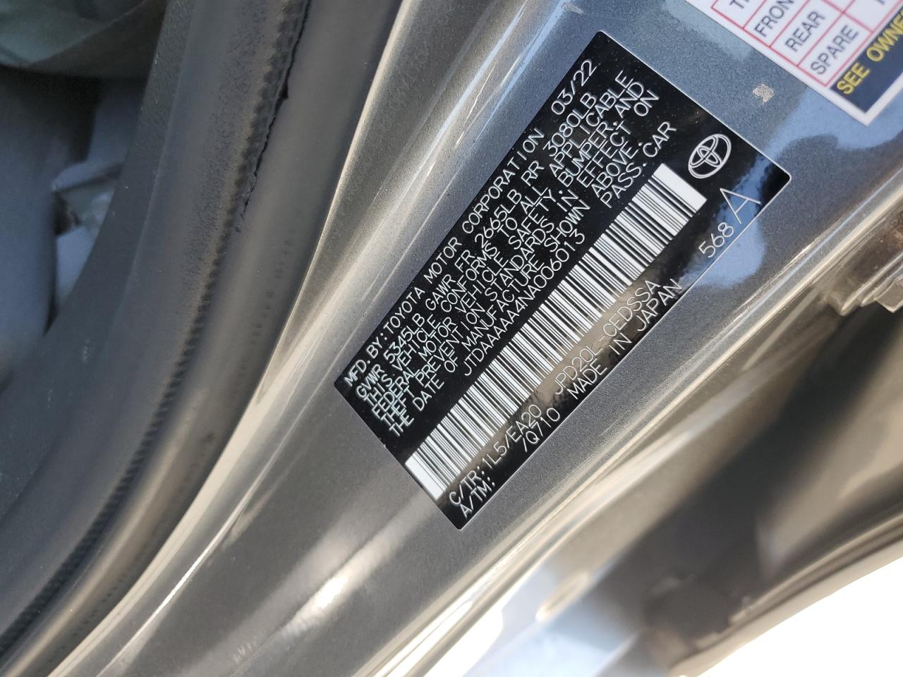 2022 Toyota Mirai Le VIN: JTDAAAAA4NA006013 Lot: 65051105
