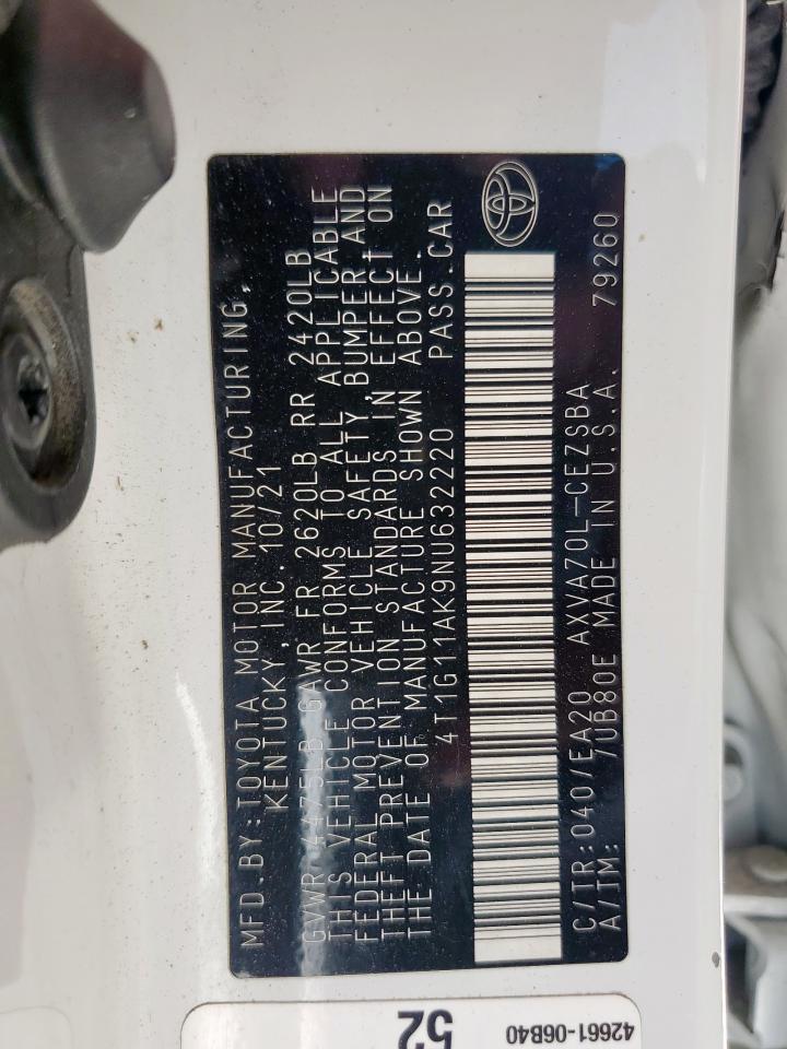2022 Toyota Camry Se VIN: 4T1G11AK9NU632220 Lot: 65004695