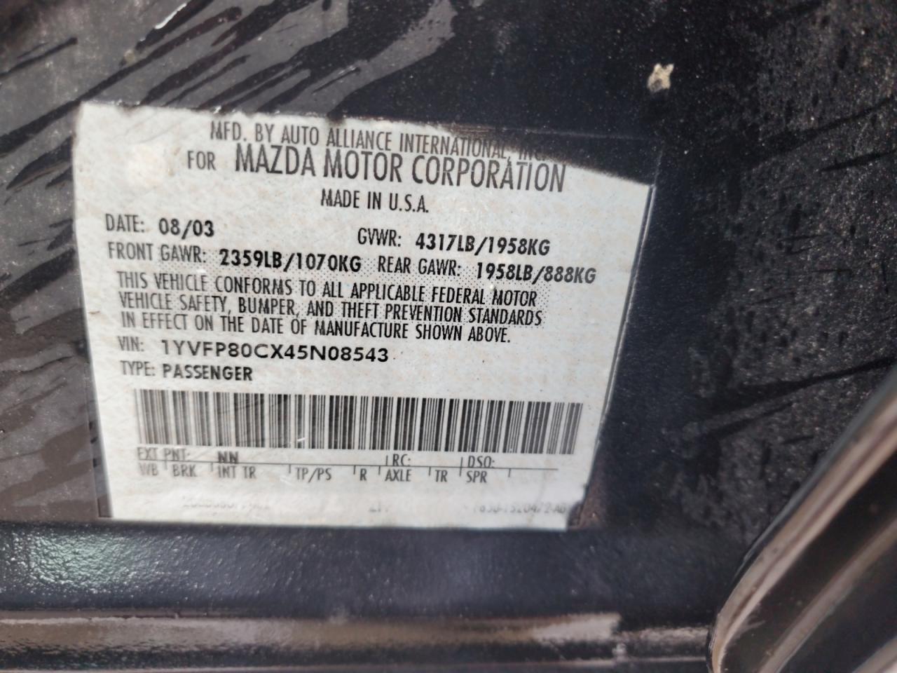 2004 Mazda 6 I VIN: 1YVFP80CX45N08543 Lot: 64329555