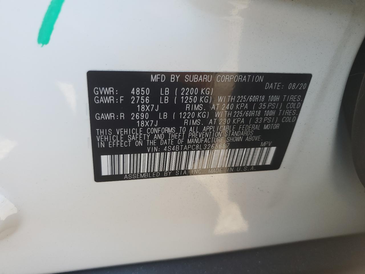 2020 Subaru Outback Touring VIN: 4S4BTAPC8L3265687 Lot: 64867015