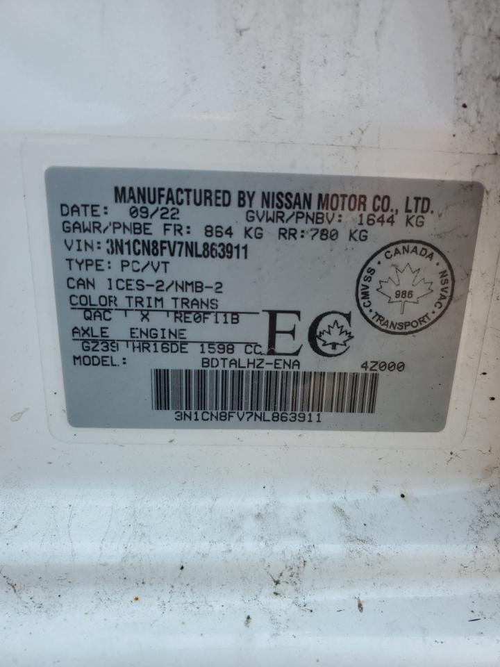 2022 Nissan Versa Sr VIN: 3N1CN8FV7NL863911 Lot: 59512645