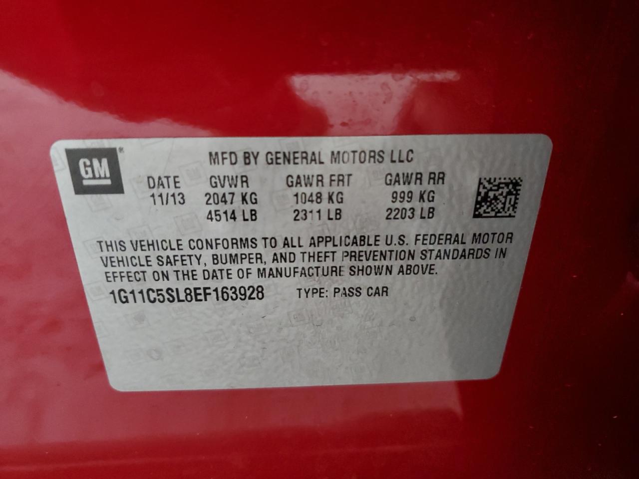 2014 Chevrolet Malibu 1Lt VIN: 1G11C5SL8EF163928 Lot: 64886595