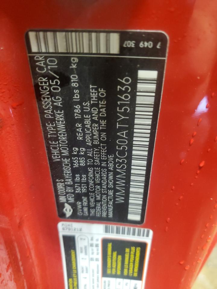 2010 Mini Cooper S VIN: WMWMS3C50ATY51636 Lot: 66097715